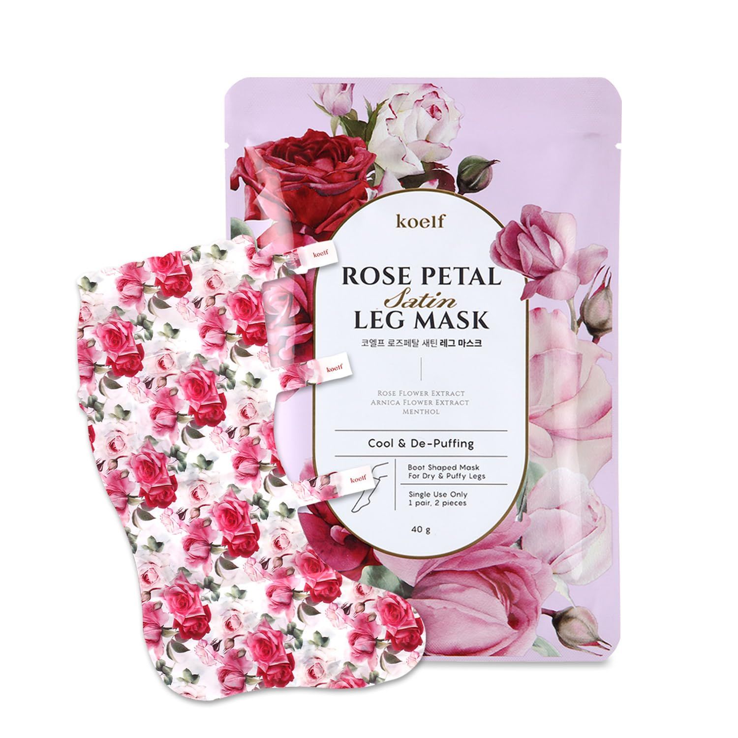 Petitfee koelf Rose Petal Satin Leg mask 1pair- Intensive Cooling &amp; Depuffing Leg Socks, Rose Scented Leg Relieving Mask with Arnica, Pumpkin, Coffee Seed Extract for Tired, Puffy Legs