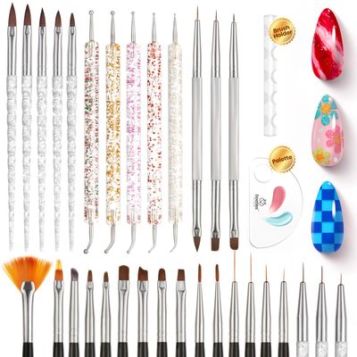 Beetles 31pcs Nail Art Brushes, Dotting Tools, Nail Art Pens, Dust Brush, Striping Liner Fingernail Drawing Pens with Palette Holder All in One for Starter Manicure Design Set