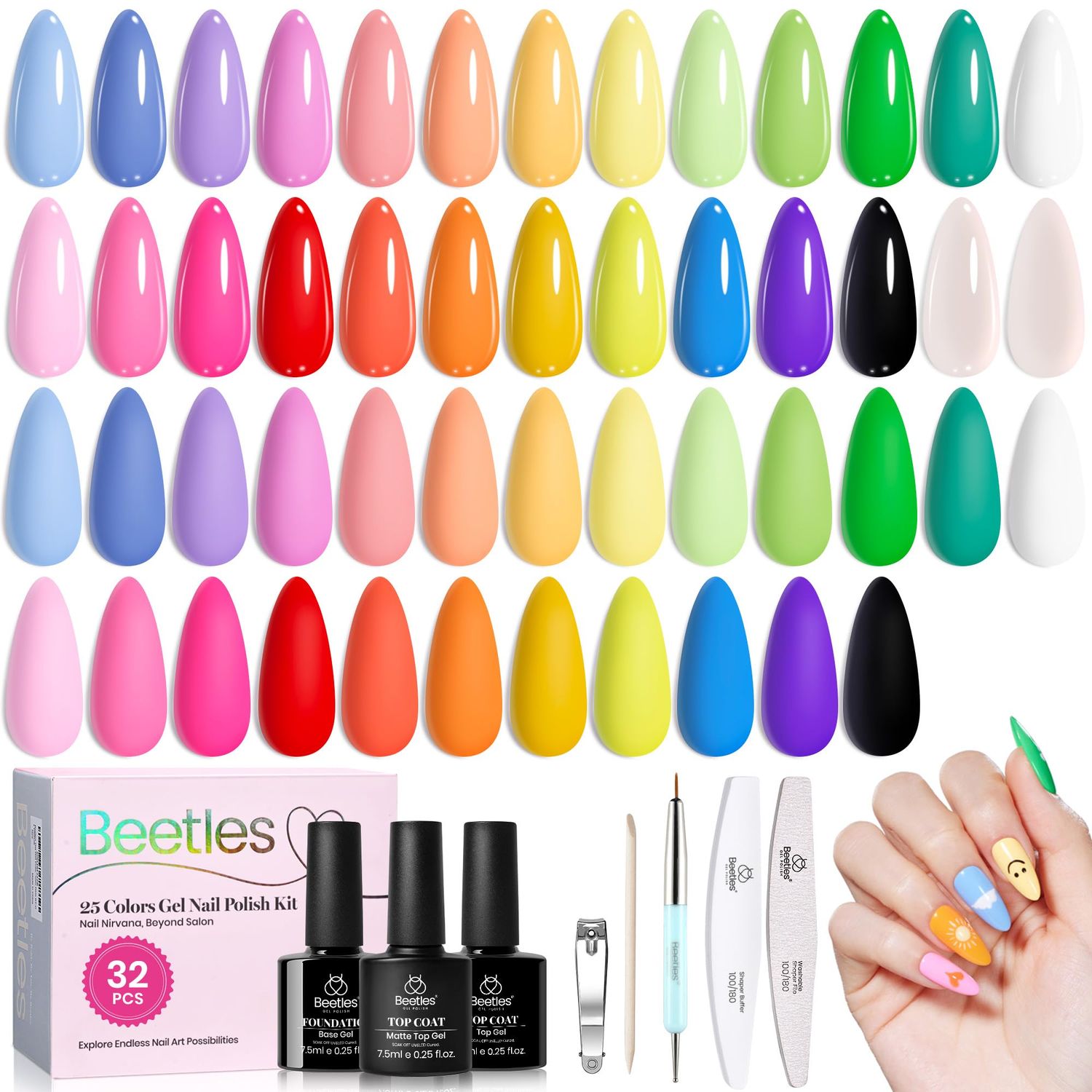 Beetles Summer Gel Nail Polish Set, 25 Colors Bright Gel Polish Kit 32 PCS Nude White Black Pink Blue Green Yellow Colors with Base Glossy Matte Top Coat Gifts for Women Doodle Dreams
