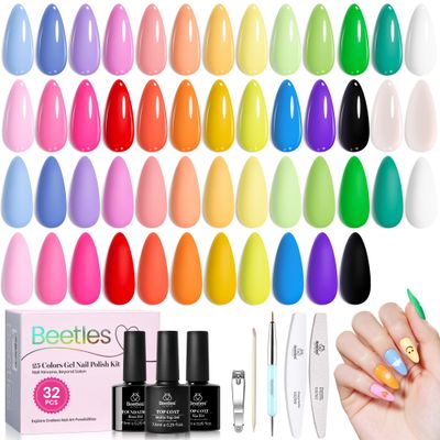 Beetles Summer Gel Nail Polish Set, 25 Colors Bright Gel Polish Kit 32 PCS Nude White Black Pink Blue Green Yellow Colors with Base Glossy Matte Top Coat Gifts for Women Doodle Dreams