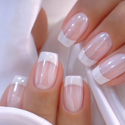 Medium Press on Nails Square White French Tip False Nails with Glitter Design Cute Fake Nails Light Pink Full Cover Nails Press ons Glossy Glue on Nails for Girls and Women 24Pcs