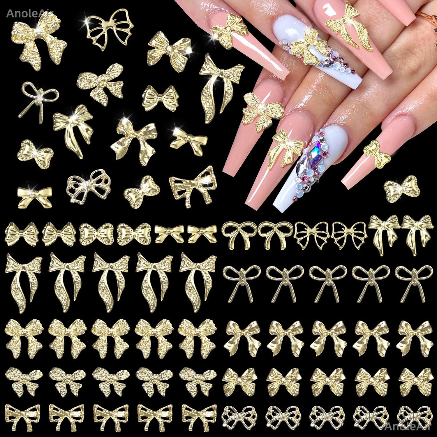 180 Pcs Gold Bow Nail Charms, 3D Alloy Bow Bowkont Nail Art Charms, Golden Bows Nail Art Studs Rivets for Acrylic Nails, Gold Bows Nail Art Charms Jewelry for Nails DIY Y2K