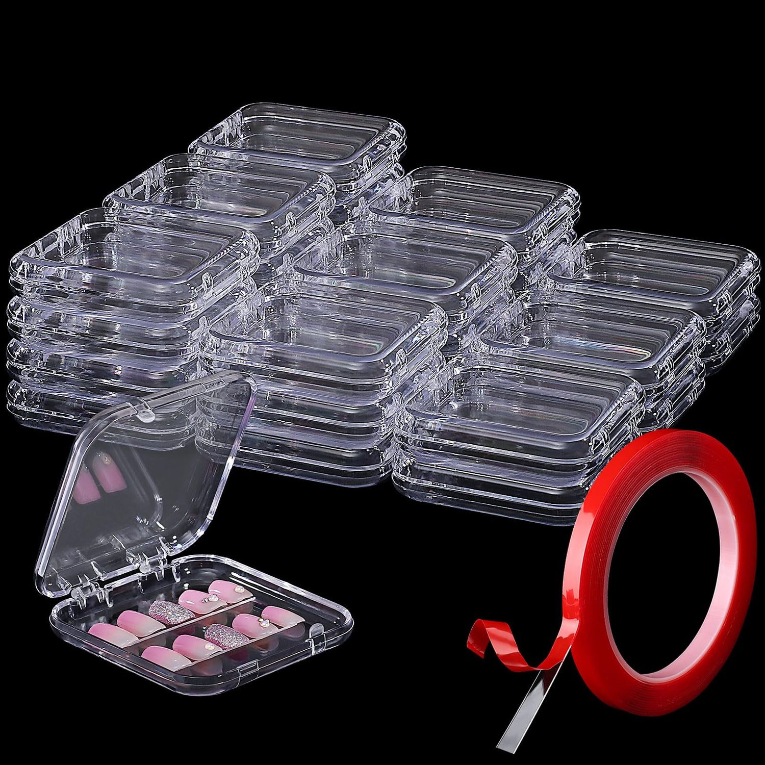 Noverlife 27 Set Press-On Nail Packaging Display Box w/ Adhesive Tape, 3x3 Clear Fake Nail Storage Container
