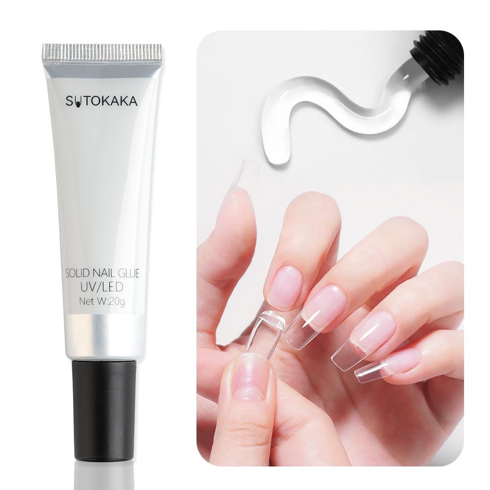 SUTOKAKA Solid Nail Glue Gel for Soft Gel Nail Tips, 20g Super Strong Nail Glue for Acrylic Nails Extension Press On Nails Fake Nails, Lamp Curing Needed Soak Off Nail Art Salon DIY at Home