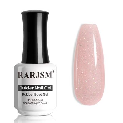 RARJSM Nude Glitter Rubber Base Gel Nail Polish Icy Jelly Pink Rainbow Shimmer Iridescent Brush on Quick Extend Builder Hard Gel Soak Off Curing Requires 15ml French Manicure