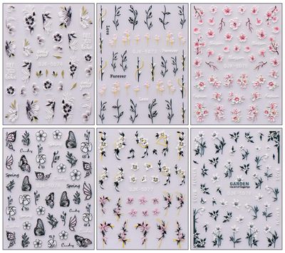 JMEOWIO 6 Sheets 3D Embossed Spring Flower Nail Art Stickers Decals Self-Adhesive Pegatinas Uas 5D Colorful Summer Leaf Floral Nail Supplies Nail Art Design Decoration Accessories
