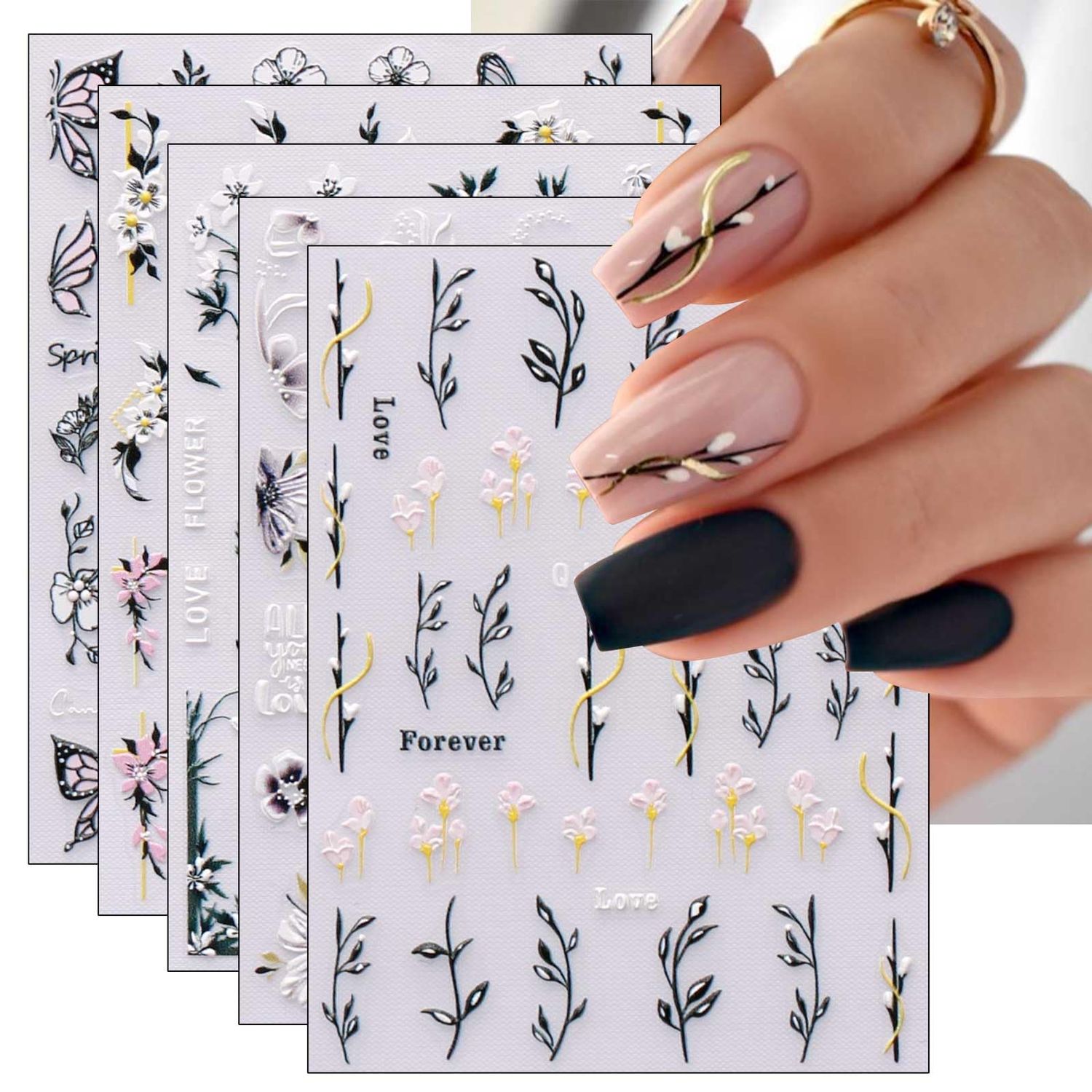 JMEOWIO 6 Sheets 3D Embossed Spring Flower Nail Art Stickers Decals Self-Adhesive Pegatinas Uas 5D Colorful Summer Leaf Floral Nail Supplies Nail Art Design Decoration Accessories