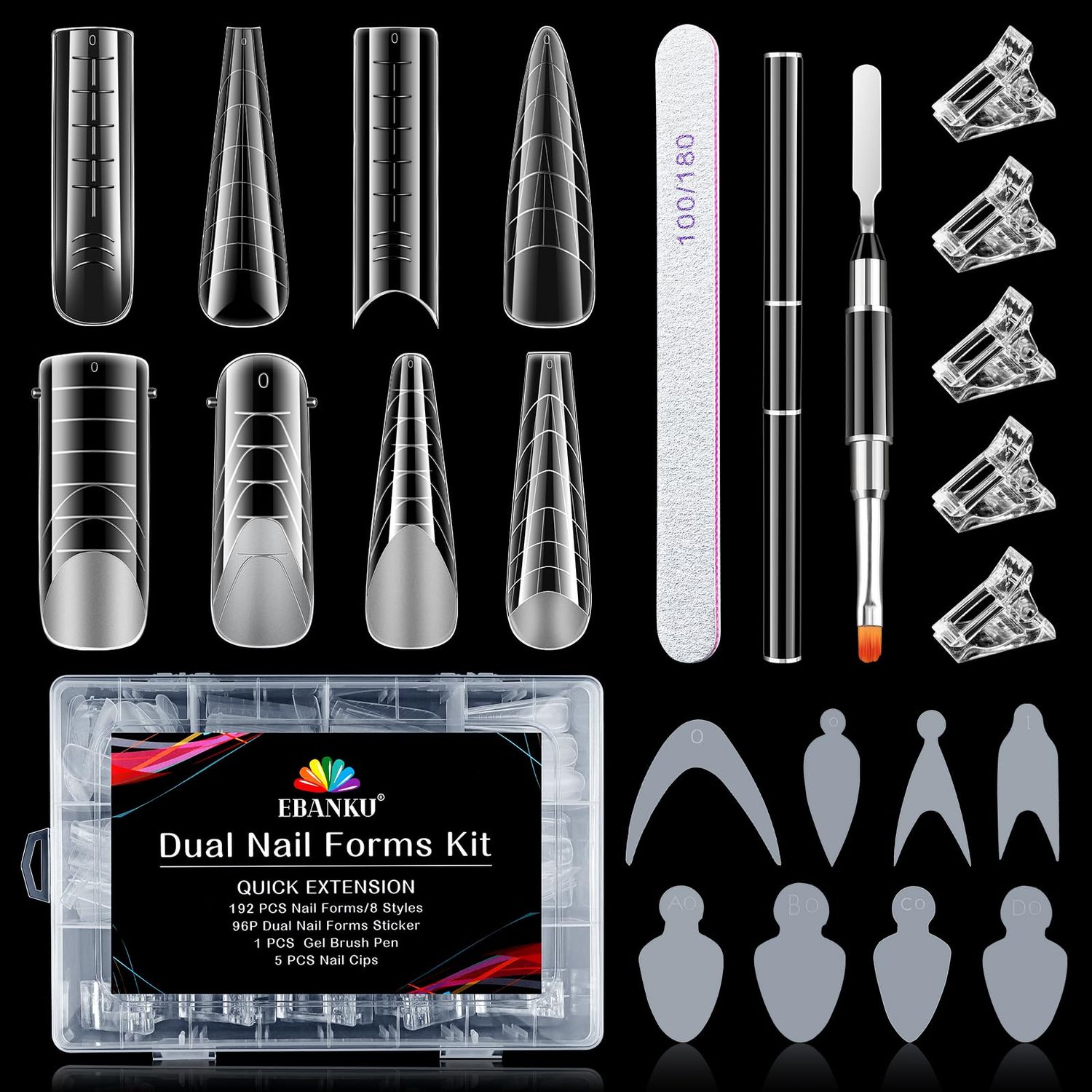 EBANKU Dual Form Kit, 192PCS Poly Gel Forms for French Nails, 96PCS Reusable Silicone Pads, 5PCS Clips, Brush Pen, Files Buffer, Extension Kit for Beginner
