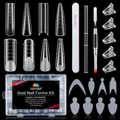 EBANKU Dual Form Kit, 192PCS Poly Gel Forms for French Nails, 96PCS Reusable Silicone Pads, 5PCS Clips, Brush Pen, Files Buffer, Extension Kit for Beginner