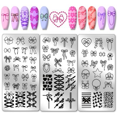PH PandaHall 66 Patterns Bow Nail Stamper, 3pcs Nail Stamping Plate Cute Bowknot Nail Art Stencils Print Nail Stencils Stainless Steel Nail Plates for Nail Design Print Manicure Salon