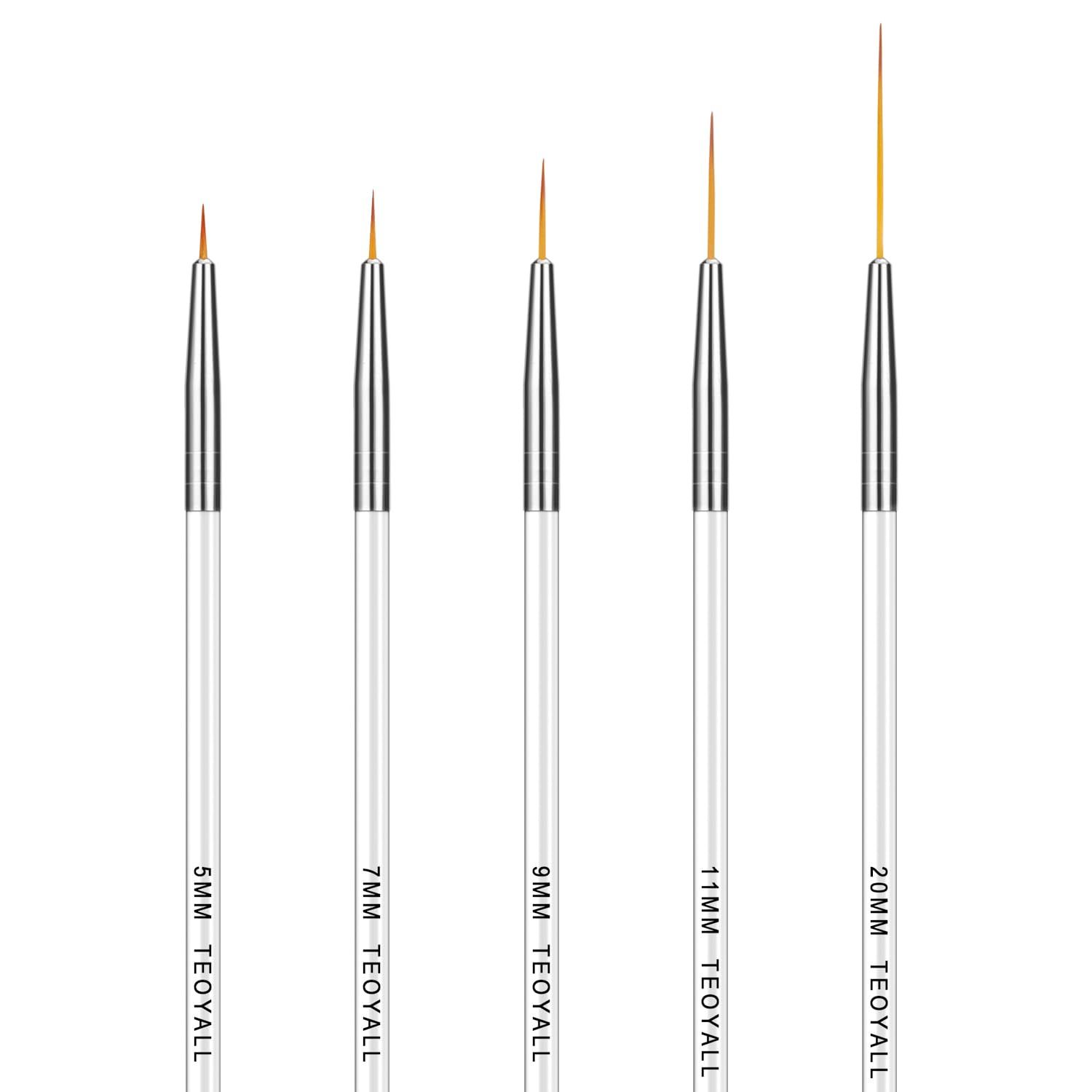 TEOYALL Fine Liner Brush, Nail Art Striping Brushes 5/7/9/11/20mm Thin Line Nail Brush Detail Drawing Brush Gel Nail Polish Brush