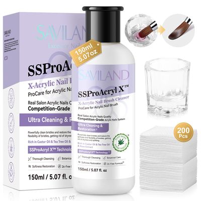 SAVILAND Acrylic Nail Brush Cleaner: 5 OZ Large Capacity Acrylic Brush Cleaner Castor Oil Nail Brush Cleaner Conditioner Restorer with Nail Cleaning Pads &amp; Dappen Dish for Acrylic Nails Home Salon DIY