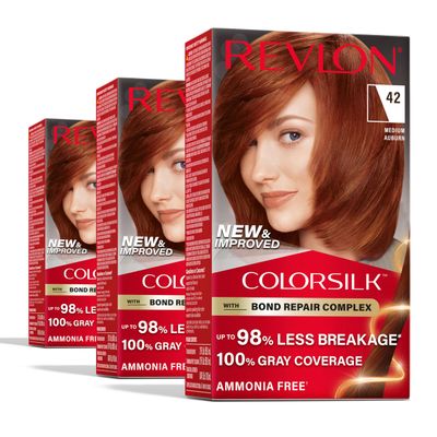 Revlon ColorSilk with Bond Repair Complex, Auburn Permanent Hair Color, 100 Gray Coverage, Ammonia Free Hair Dye, Vegan Keratin, 42 Medium Auburn (Pack of 3)