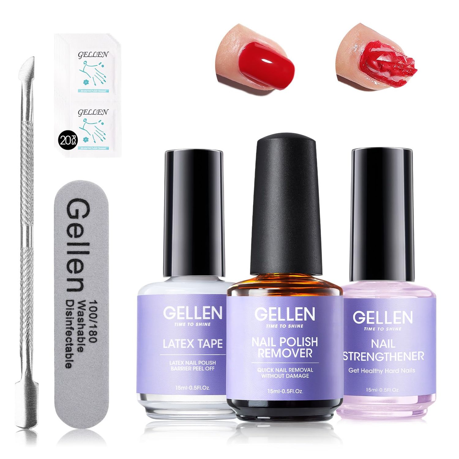 Gellen Gel Polish Remover Kit - Gel Nail Polish Remover with Liquid Latex Tape and Nail Strengthener &amp; Manicure Tools, 3-5 minutes Quick &amp; Easy Polishes Removal, No Damage, No Need Wrap or Soak