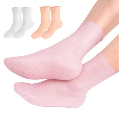 MoyRetty 3 Pairs Silicone Moisturizing Socks,Silicone Socks for Dry Cracked feet Women,Long Size,Spa Gel Socks Foot Care After Pedicure,High Elastic &amp; Anti Slip(Pink &amp; Beige &amp; White)