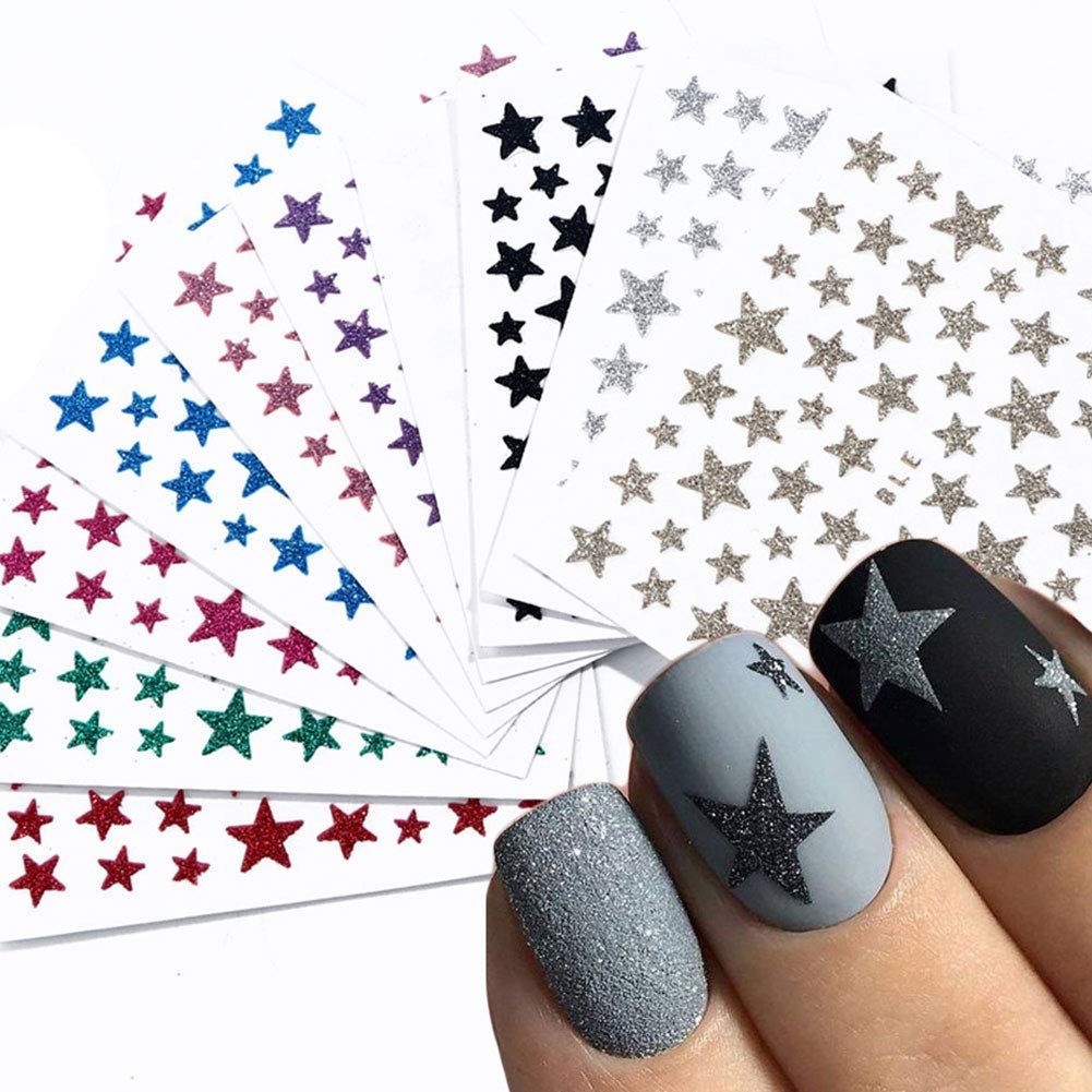 Star Nail Art Sticker Decals 10 Sheets 3D Self-Adhesive Nail Decor with Shiny Glitter Stars for DIY Manicure Decoration