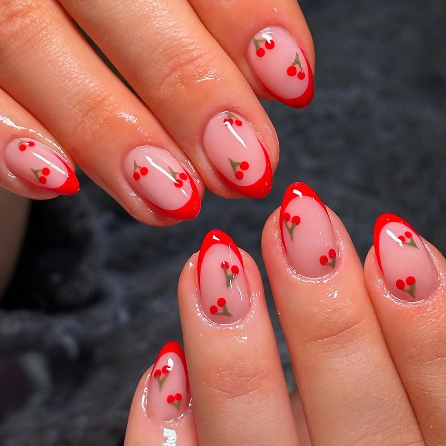Red Press on Nails Short Fake Nails French Tip Press ones Stick on Nails with designs Cherry False Nails Glossy Almond Acrylic Nails Artificial Nails Gel Cute Glue on Nails for Women Manicure24pcs