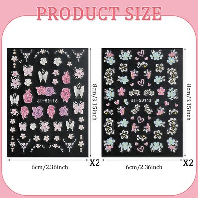 Flower Nail Stickers Decals for Women Girls, 4 Sheets 5D Self-Adhesive Embossed Flower Designs, Semi-Glossy Irregular Fantasy Floral Decals, Spring Summer Nail Accessories