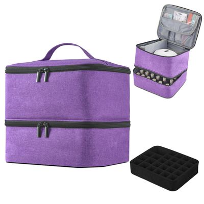 Buruis Double-Layer Nail Polish Organizer Bag, Holds 27 Bottles (15ML/0.5 FL.OZ or Larger), Nail Tools &amp; Dryer Storage Case with Adjustable Dividers (Purple)