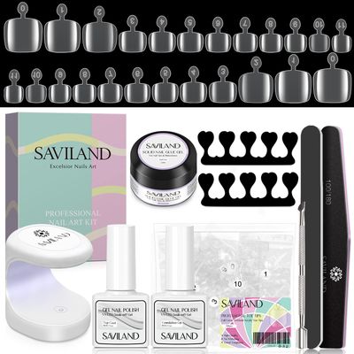 SAVILAND Toenail Tips and Solid Glue Gel: 500 PCS Clear Press on Toe Tips with Nail Glue Gel Base &amp; Top Coat U V Light Pedicure Kit for Salon Home DIY Gift For Women