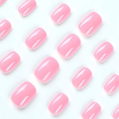 Square Press on Nails - Short, False, Glossy Rose Pink Acrylic Nails - Full Cover Glue on, Stick on Design for Womens Manicure Art Decorations