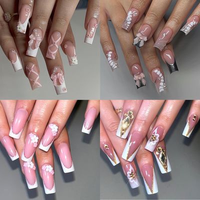 Medium 4 Packs Press On Fake Nails with Designs, All Square with Bling Rhinestone 3D Flower Bow Gems White Pink Silver French Tip, Multiple Manicure Kit for Women and Girls