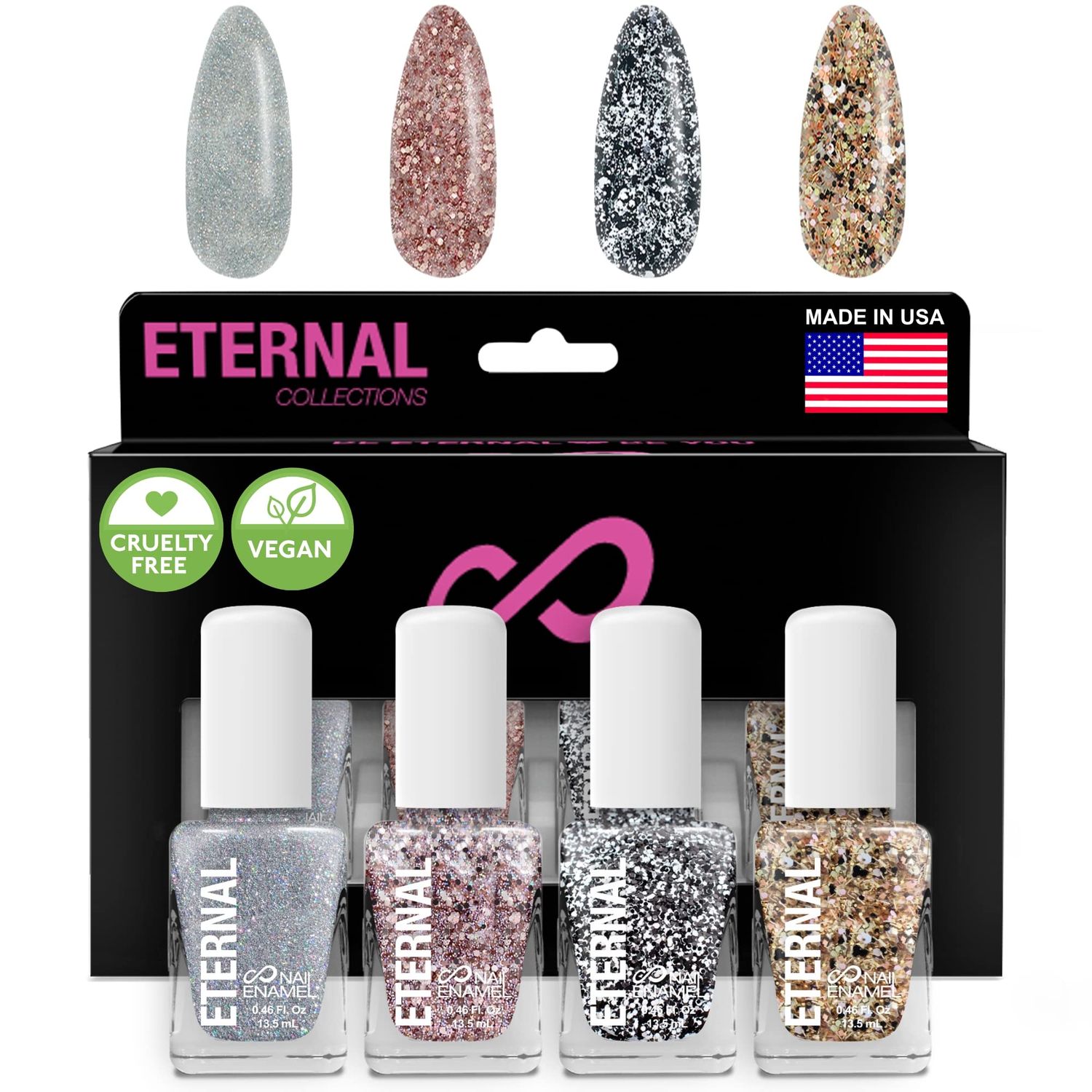 Eternal Glitter Nail Polish Set for Women (CONFETTI CARNIVAL) - Rose Gold Nail Polish Set for Girls | Long Lasting &amp; Quick Dry Nail Polish Kit for Home DIY Manicure | Made in USA, 13.5mL (Set of 4)
