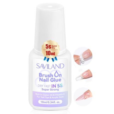 SAVILAND Nail Glue: 5s Dry Strong Nails Glues for Press On, Brush On for Acrylic Tips and Dip Powder, Professional Long Lasting French Tips Tool Easy to Use 0.34 oz