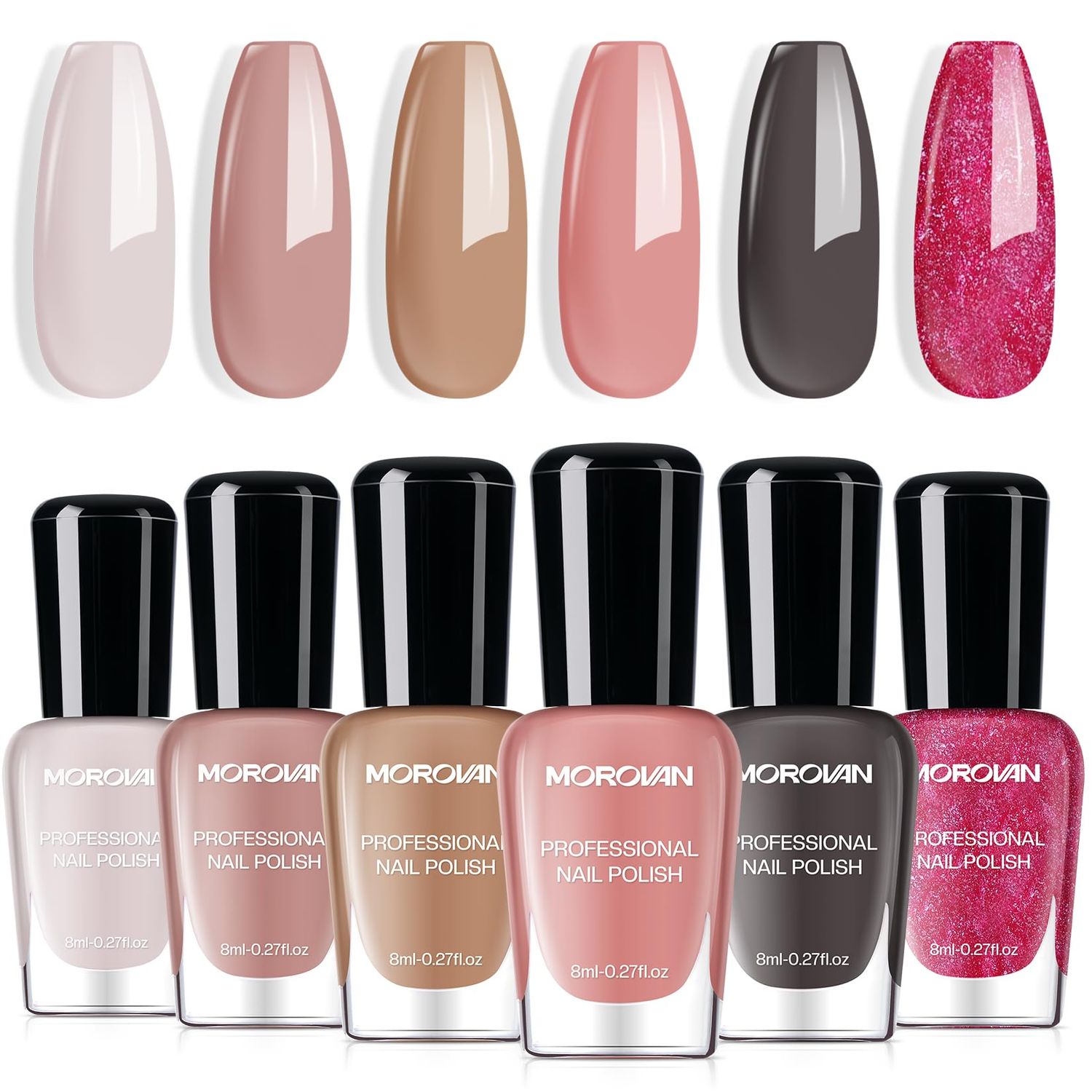 Morovan Nail Polish Set: Nude Pink Air Dry Regular Nail Polish Pack 0.25oz Glitter Toenail Polish Kit Gift for Women