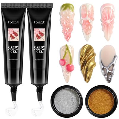 Fcozpjk 3D Sculpting Gel for Nail Art - 2PCS 10g Clear Liner Polish Carving Modeling Kit With Gold Silver Chrome Powder for 5D Embossed Candy Design