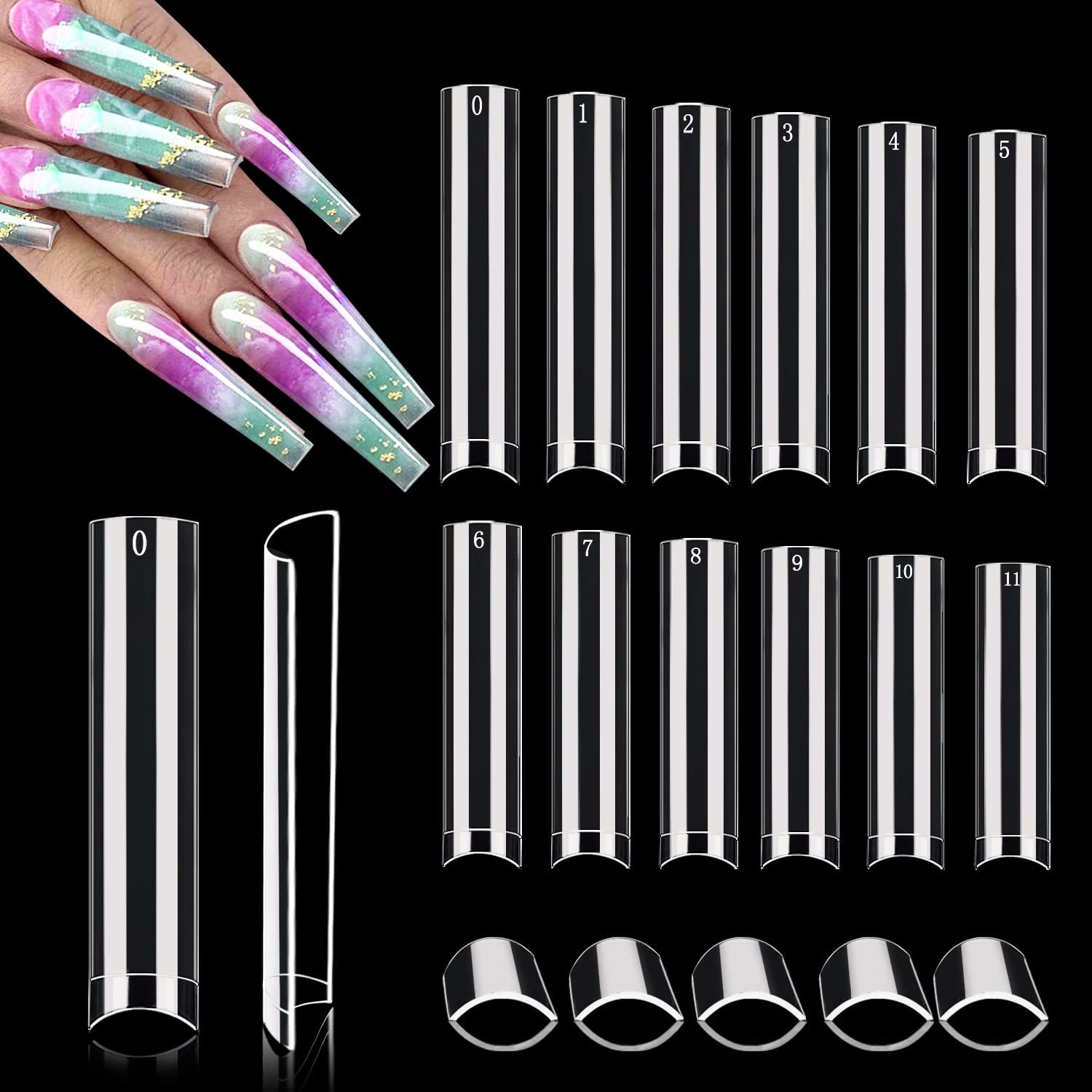 XXXL No C Curve Square Nail Tips, 600PCS Clear Nail Tips for Acrylic Nails Professional, Straight Tapered Square Tips 3XL Extra Long Acrylic Nails Tips Half Cover French Nails for Women 12 Sizes