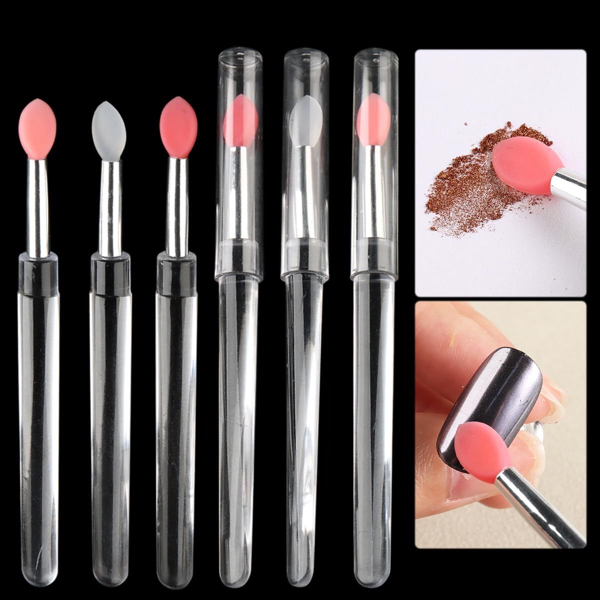 6Pcs Chrome Nail Powder Applicator Brushes, Silicone Head Nail Art Brushes With Cover, Reusable Nail Glitter Powder Pigment Pen Brush, Nail Art Applicator Tools, Lip Eyeshadow Makeup Stick