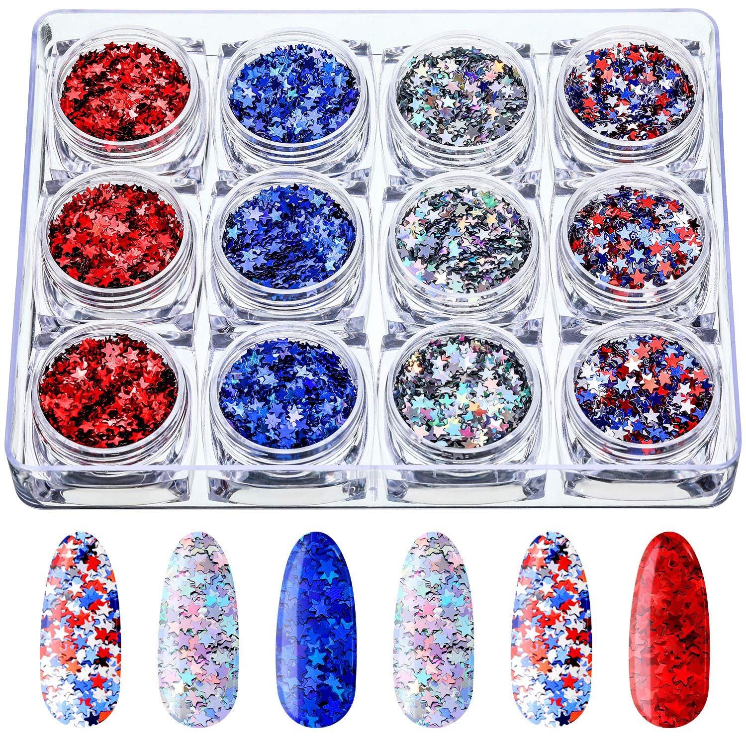 12 Boxes 4th of July Nail Art Star Glitter Nail Decals Patriotic Red Blue White Sequins Art Confetti Star Shaped Manicure Decorations for Eye Face Body Decorations DIY Crafts