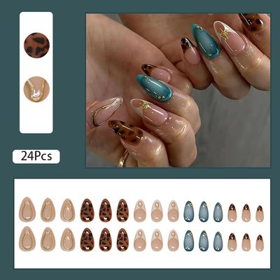 24 Pcs Almond Press on Nails Medium Length Fake Nails with Glue French Tip False Nails with Leopard Pattern Design Artificial Acrylic Nails Press ons Reusable Almond Nails Glue on Nails for Women