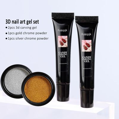 Fcozpjk 3D Sculpting Gel for Nail Art - 2PCS 10g Clear Liner Polish Carving Modeling Kit With Gold Silver Chrome Powder for 5D Embossed Candy Design