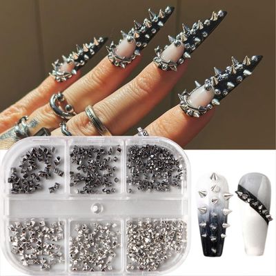 Metal Nail Art Studs 3D Mini Alloy Nail Charms Black and Silver Mixed Nail Jewelry Flat Back Mixed Sizes Cone Spikes Alloy Nail Rhinestones for Women DIY Nail Decoration Crafts Accessories 6 Grids