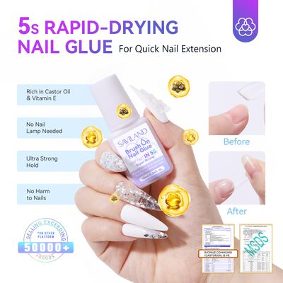 SAVILAND Nail Glue: 5s Dry Strong Nails Glues for Press On, Brush On for Acrylic Tips and Dip Powder, Professional Long Lasting French Tips Tool Easy to Use 0.34 oz