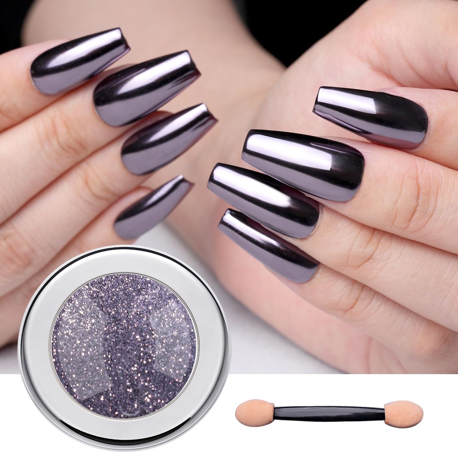 PrettyDiva Chrome Nail Powder - Silvery Black Mirror Effect Chrome Nail Powder, Premium Metallic Mirror Chrome Powder Pigment for Nail Art Decoration
