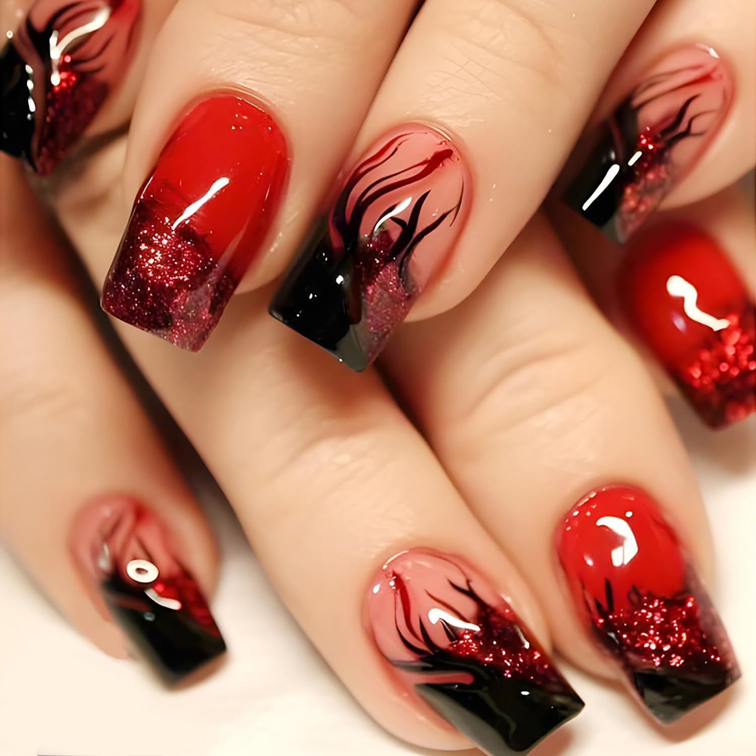 24 Pcs Flame Press on Nails Short Square Red Fake Nails with Glitter Design Black Flame False Nails Full Cover Glue on Nails Reusable Glossy Artificial Nails for Women Girl Nail Decoration