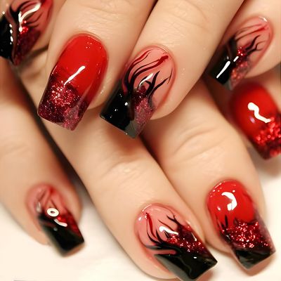 24 Pcs Flame Press on Nails Short Square Red Fake Nails with Glitter Design Black Flame False Nails Full Cover Glue on Nails Reusable Glossy Artificial Nails for Women Girl Nail Decoration