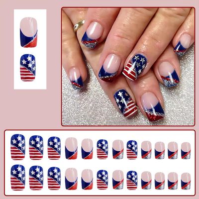 4th of July Press on Nails Medium Square Fake Nails Independence Day Patriotic Red Blue White Glitter French Star Flag Designs Acrylic False Nails with Glue Stick on Nail Accessories for Women 24 Pcs