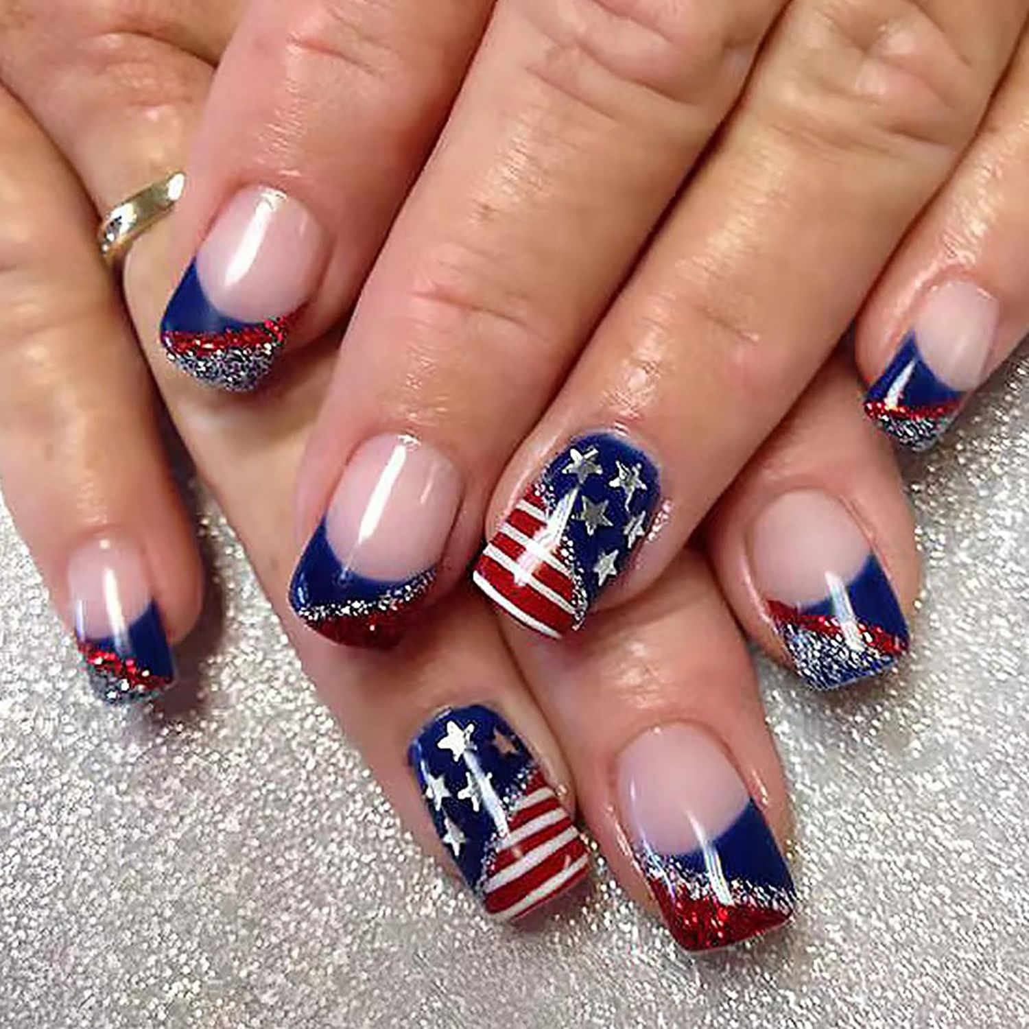 4th of July Press on Nails Medium Square Fake Nails Independence Day Patriotic Red Blue White Glitter French Star Flag Designs Acrylic False Nails with Glue Stick on Nail Accessories for Women 24 Pcs