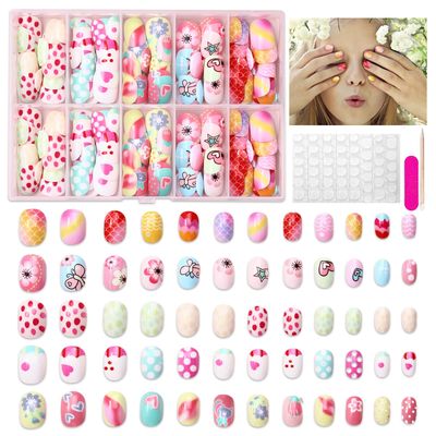 120Pcs Press on Nails for Kids, Wsimily Colorful Short Fake Nails for Children, Acrylic Full Cover False Nails, Fun and Safe Nail Art Kits for Girls with Jelly Nail Adhesives