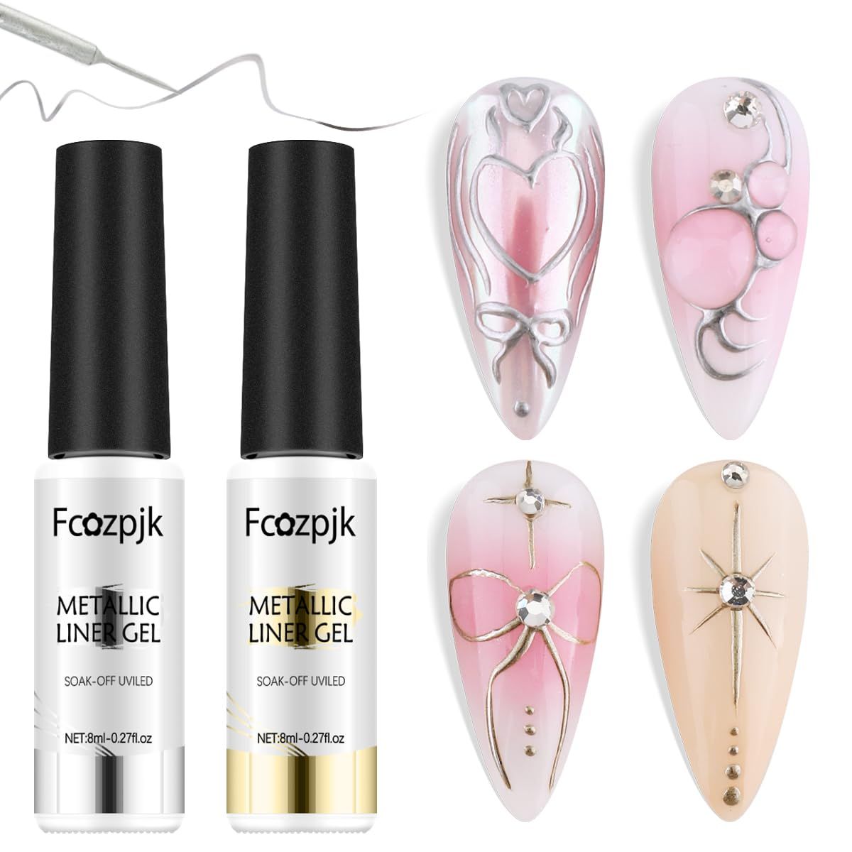 Fcozpjk Metallic Gel Nail Polish 2PCS Chrome Gel Liner Nail Art Gold Silver Gel Polish 8ml Mirror Effect Painting Nail Gel with Build in Thin Brush Soak Off UV/LED Nail Polish Manicure Supplies