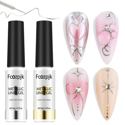 Fcozpjk Metallic Gel Nail Polish 2PCS Chrome Gel Liner Nail Art Gold Silver Gel Polish 8ml Mirror Effect Painting Nail Gel with Build in Thin Brush Soak Off UV/LED Nail Polish Manicure Supplies