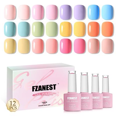 FZANEST Hema Free Gel Nail Polish Set,12 7.5ml Spring Summer Macaron Candy Colors UV Gel Polish Kit,Light Soft Nude Pink Green Blue Purple Yellow Gel Nail Art Manicure