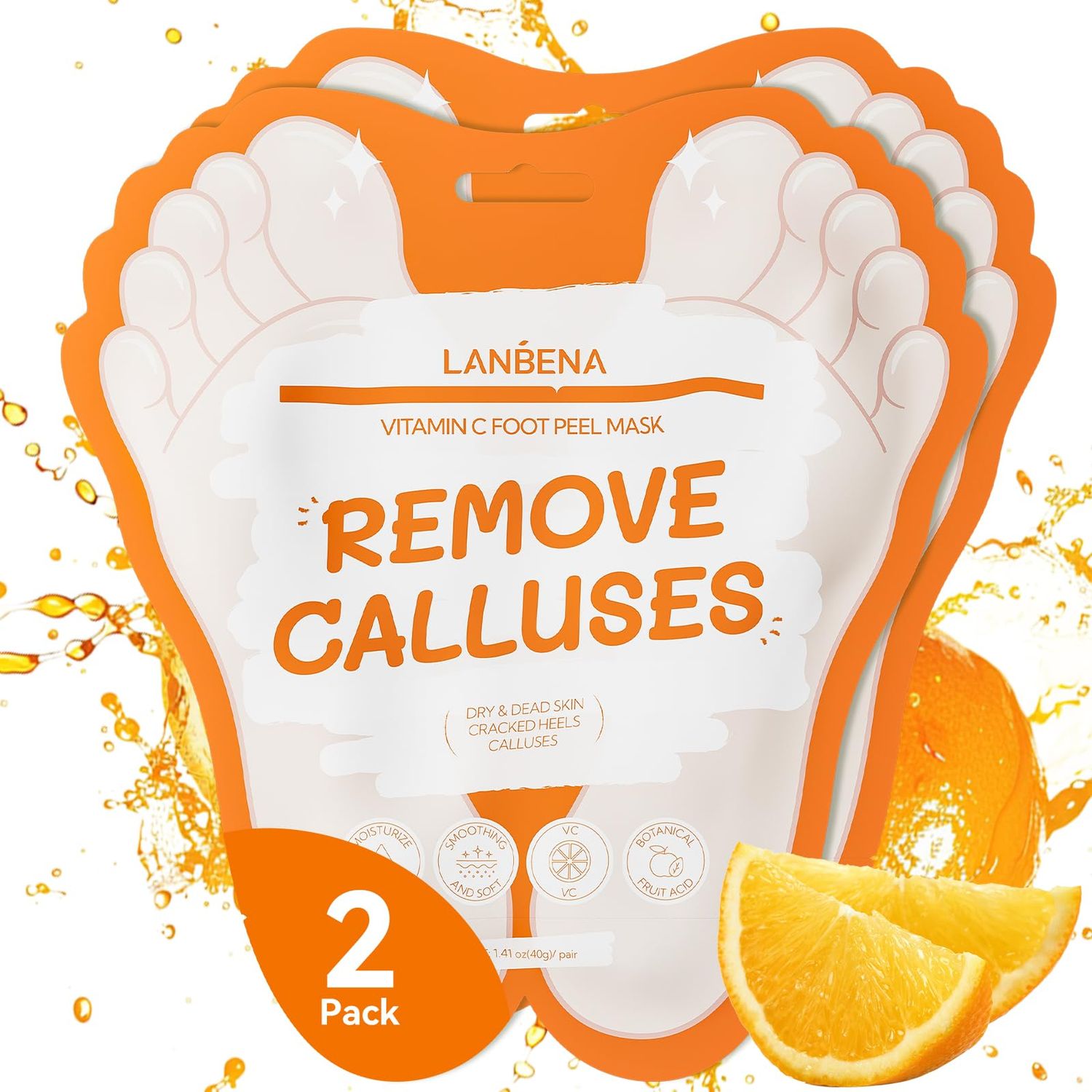LANBENA Vitamin C Foot Peeling Mask, Foot Mask for Dry Cracked Feet, Exfoliator Peel Off Calluses Dead Skin Callus Remover, Repair Rough Heels &amp; Get a Baby Soft Feet for Men and Women(2 Pairs)