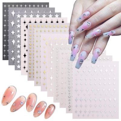 Eseres Star Nail Stickers 12Pcs Metallic Gold, Silver, White, Black Star Nail Decals Self-Adhesive Nail Art Stickers