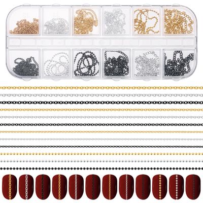 Hariendny 12 Strips Nail Chain Charms, Metal Nail Art Chains, 3D Gold Silver Dark Gray Nail Chains, Nail Jewelry Chains, Line Nail Charms, Nail Decorations with Box for Manicure Decoration DIY