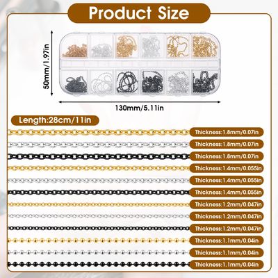 Hariendny 12 Strips Nail Chain Charms, Metal Nail Art Chains, 3D Gold Silver Dark Gray Nail Chains, Nail Jewelry Chains, Line Nail Charms, Nail Decorations with Box for Manicure Decoration DIY
